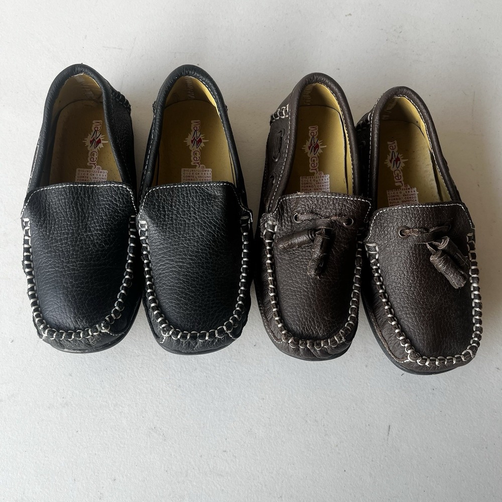 Nazz Car‎ Kids Loafers 18.5 Black Brown Leather Mexican Slip-On Shoes 2 Pairs